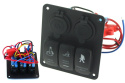 Panel przełączników 12/24V ON-OFF x 3 + gniazdo zasilania + 2 gniazda USB (3.1A) + 2 bezpieczniki 15A IP68