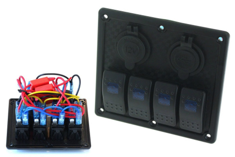 Panel przełączników ON-OFF x 4 + gniazdo zapalniczki + gniazdo USB 3.1A + 2 bezpieczniki 15A