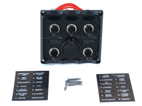 Panel przełączników 12V SPST/ON-OFF x 5 + 2 gniazda USB + 3 bezpieczniki 15A IP68