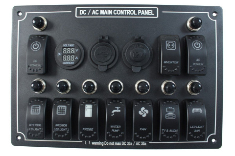 Panel przełączników ON-OFF x 10 + gniazdo zapalniczki + gniazdo USB (3.1A) + voltomierz
